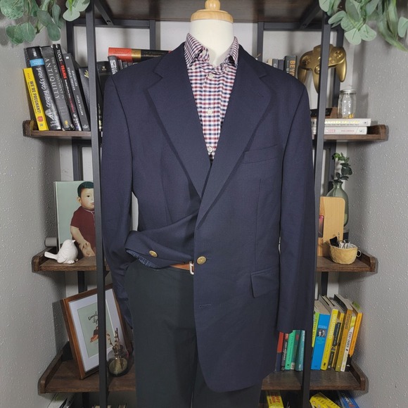 VTG Chaps Ralph Lauren Mens Sport Coat Blazer Two Button Navy Blue Wool Size 46R